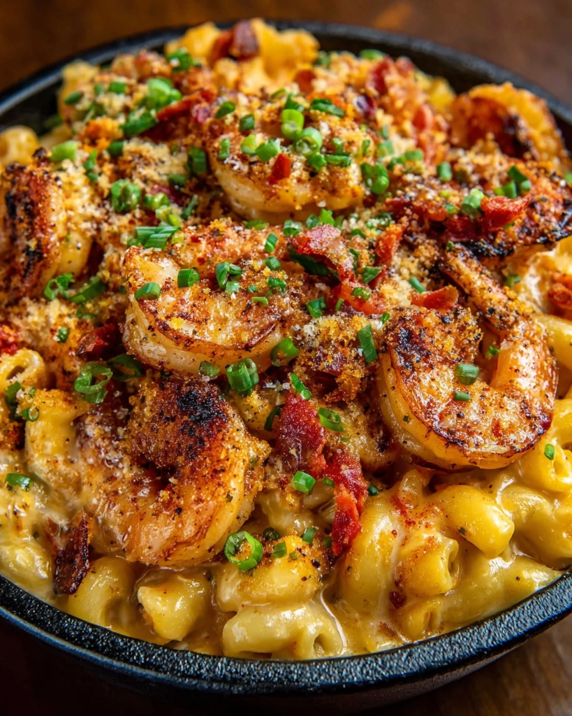 A close up of a delicious Cajun Shrimp and Crab Mac and Cheese.