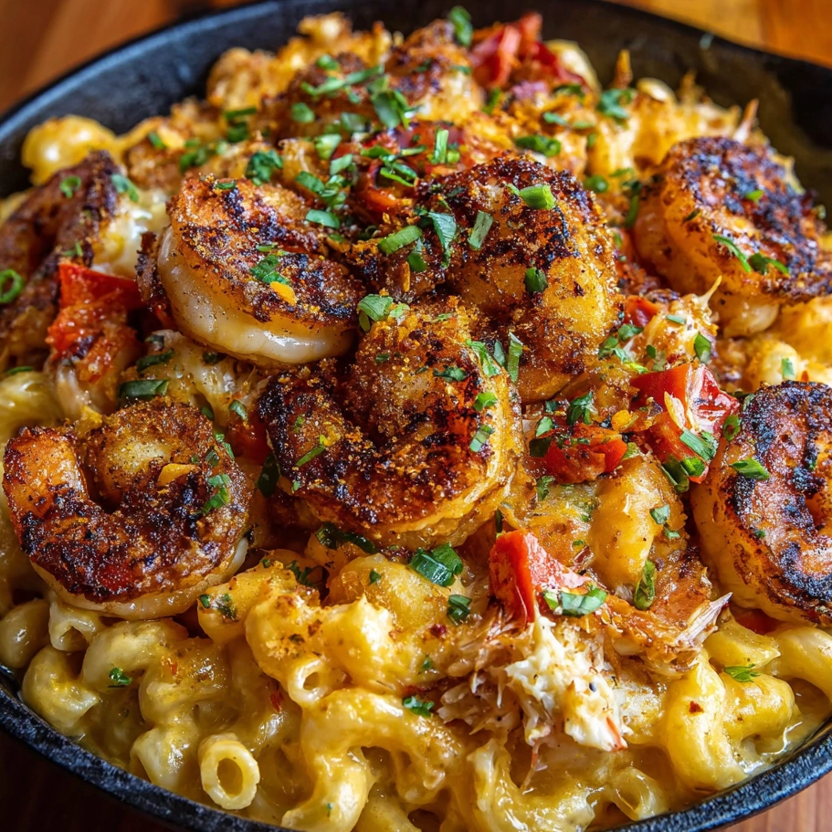 A bowl of Cajun Shrimp and Crab Mac and Cheese.
