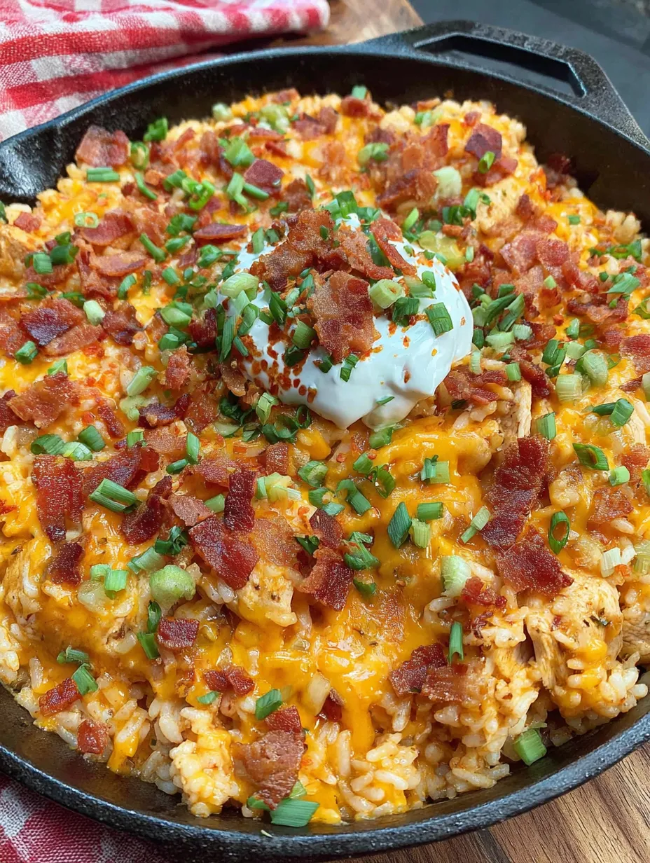 A skillet with crack chicken and rice.