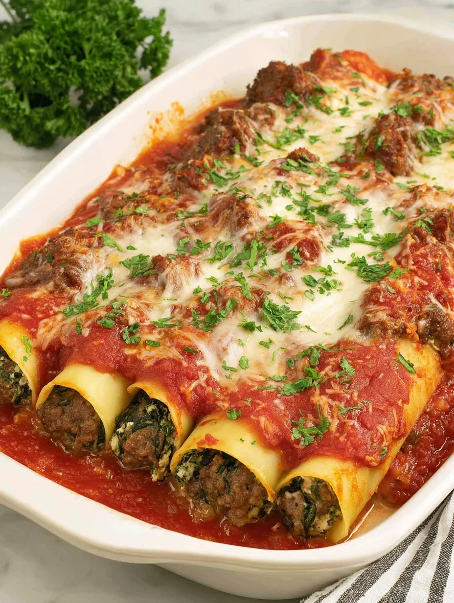 A dish of beef cannelloni with spinach.