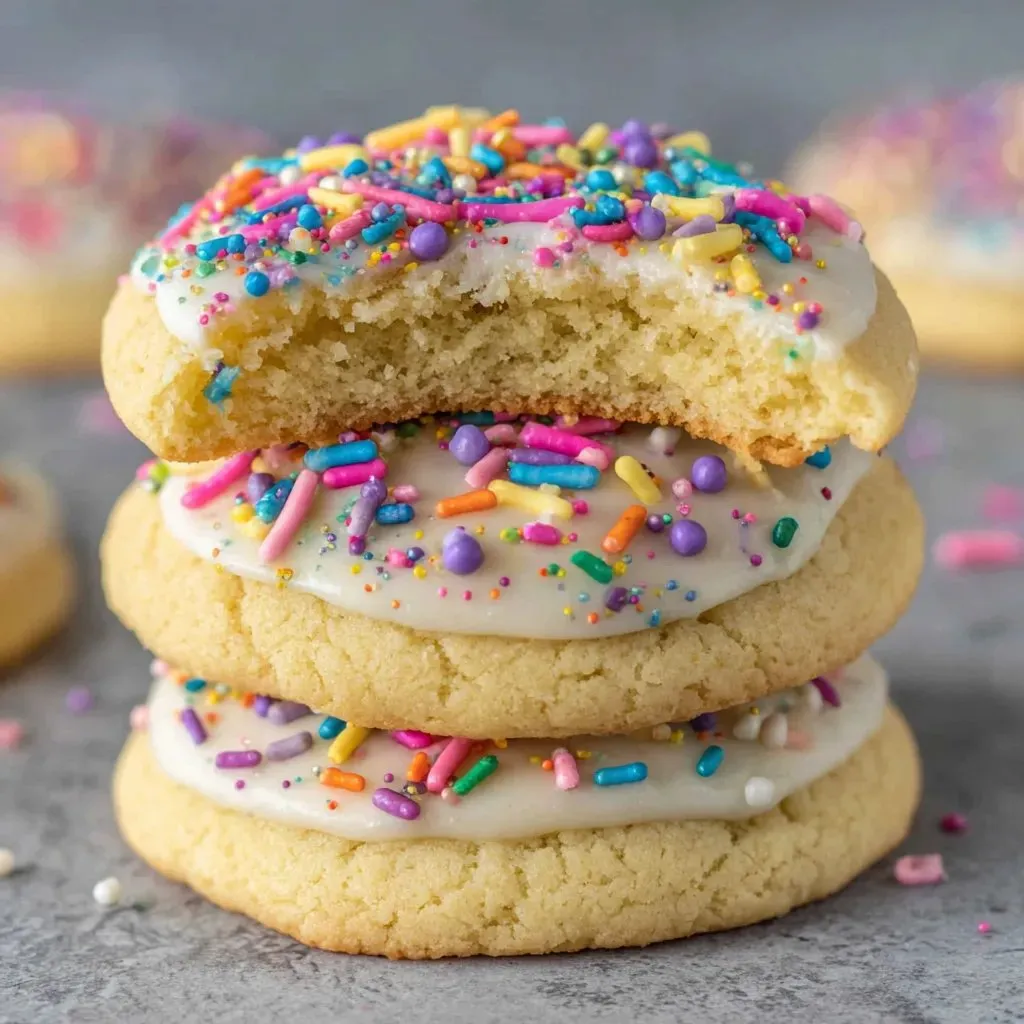 A stack of sugar cookies with sprinkles on top.