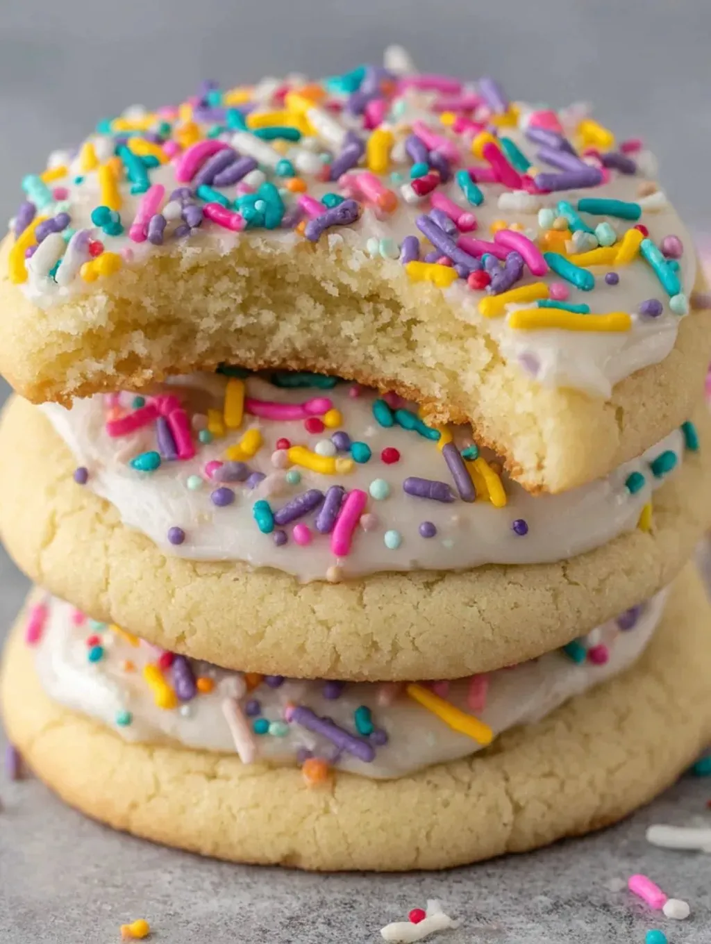 A stack of sugar cookies with sprinkles.