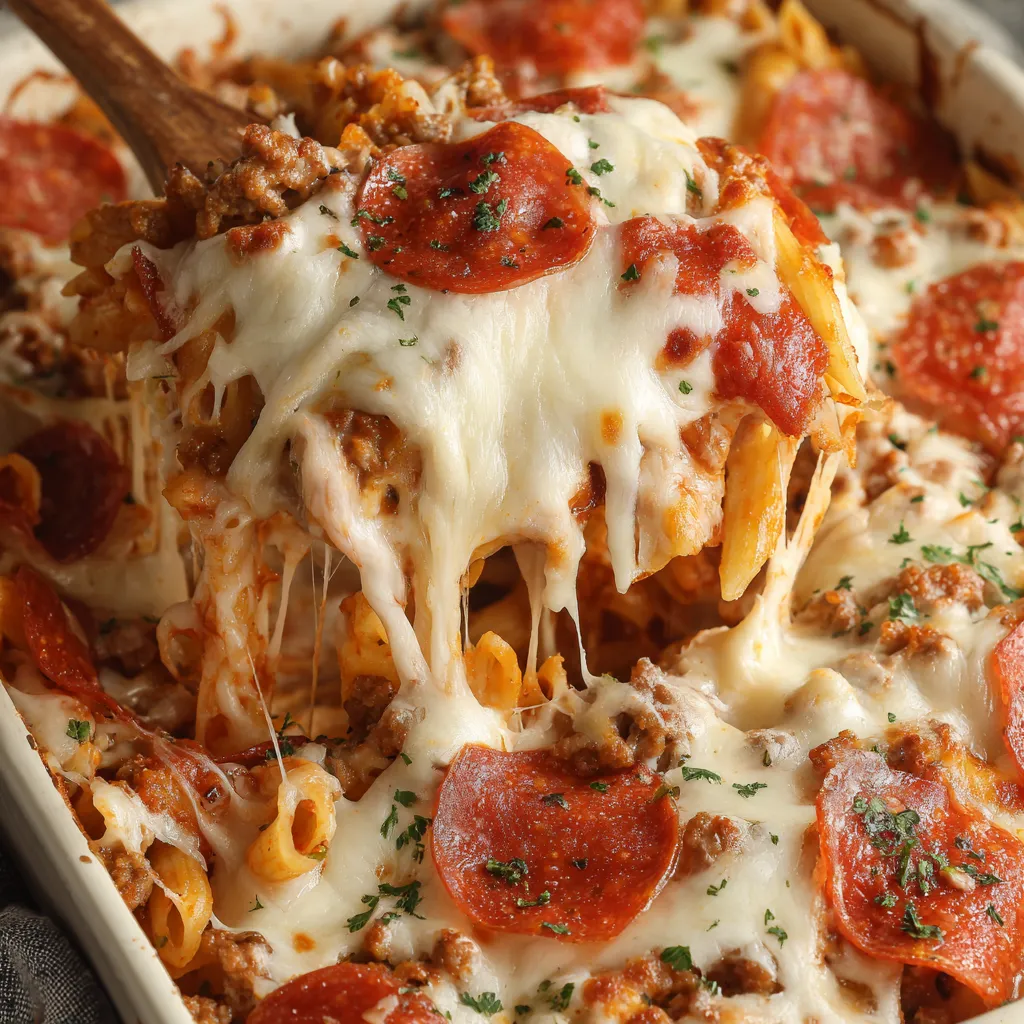 A delicious pizza casserole with Italian sausage.