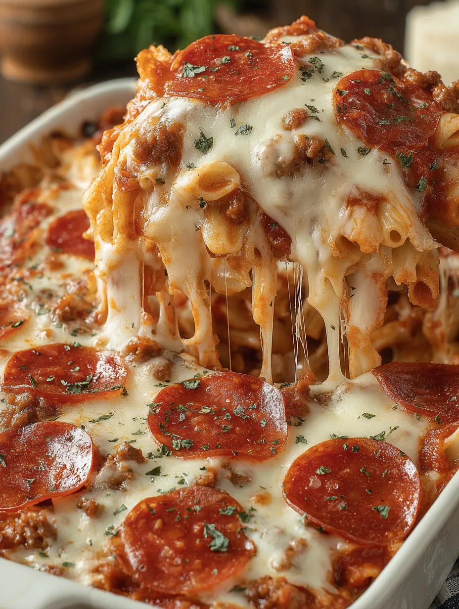 A casserole with Italian sausage and pepperoni.