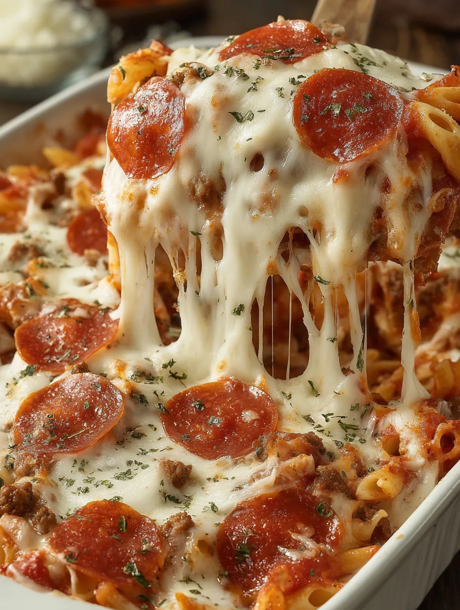 A close up of a pizza casserole with Italian sausage.