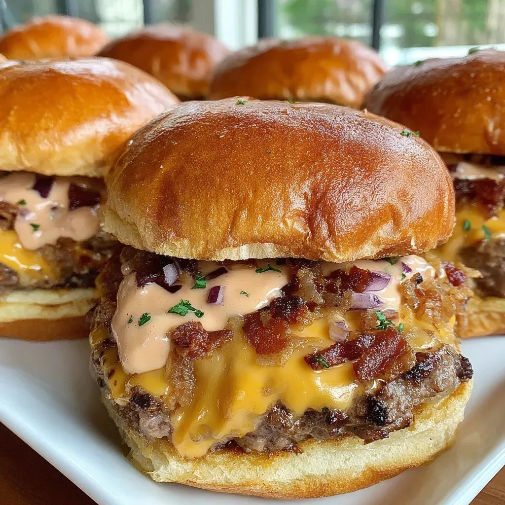 A plate of burgers with cheese and bacon.