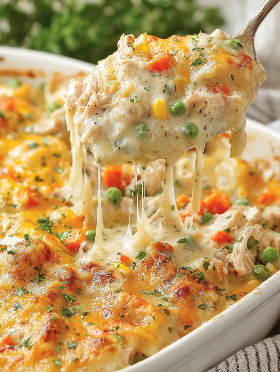 A close up of a chicken and potato casserole.