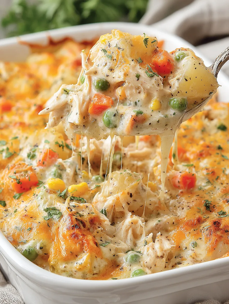 A spoon is in a chicken and potato casserole.
