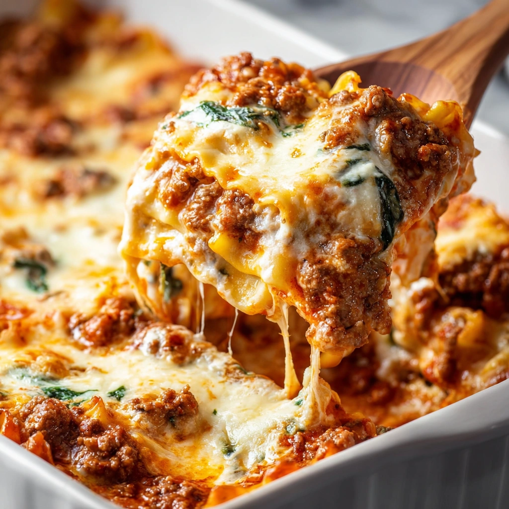 A fork is being used to scoop up a piece of Million-Dollar Ravioli Casserole.