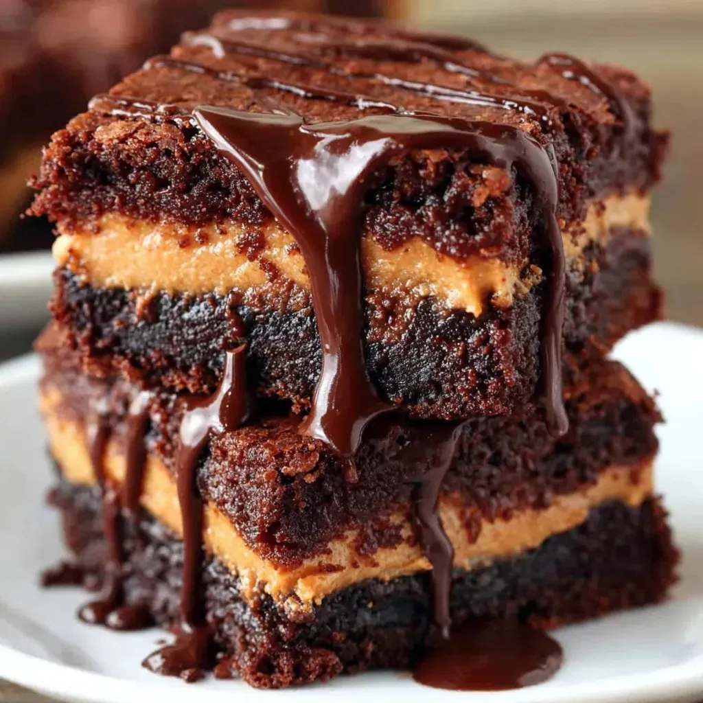 A stack of brownies with chocolate drizzle.