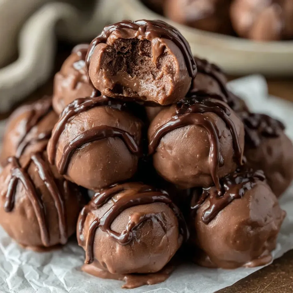 A stack of brownies with chocolate drizzle.