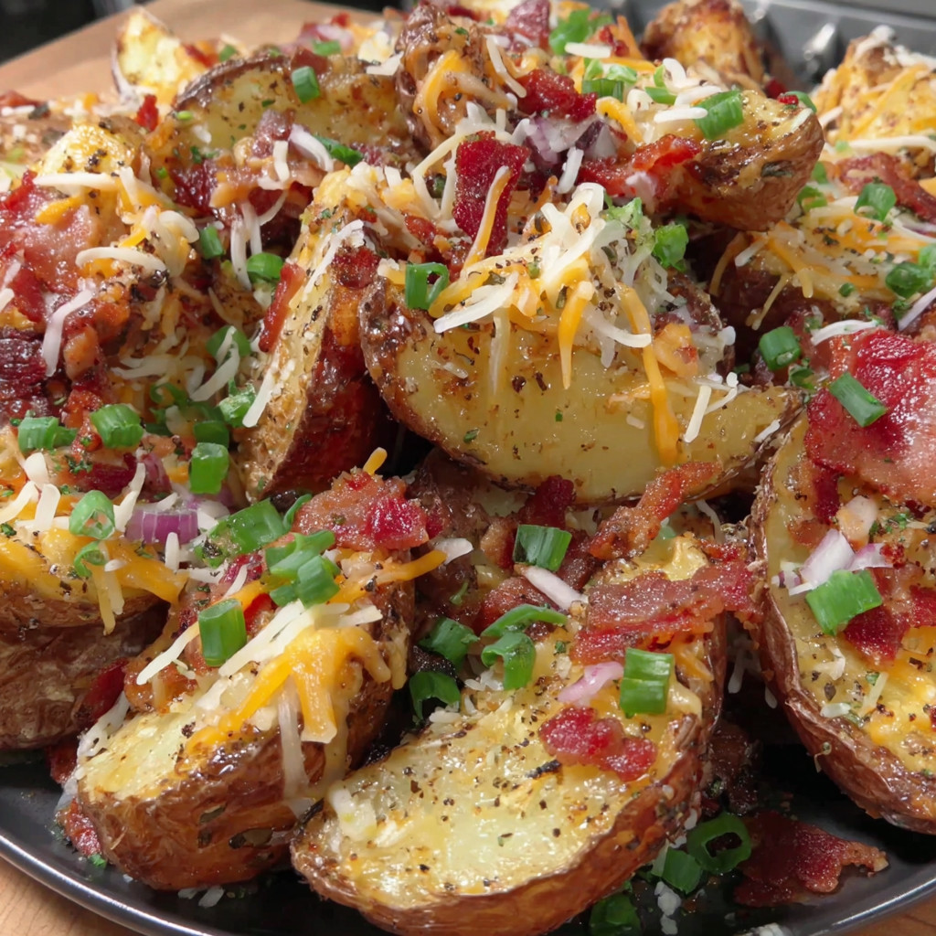 A plate of loaded air fryer potato wedges.