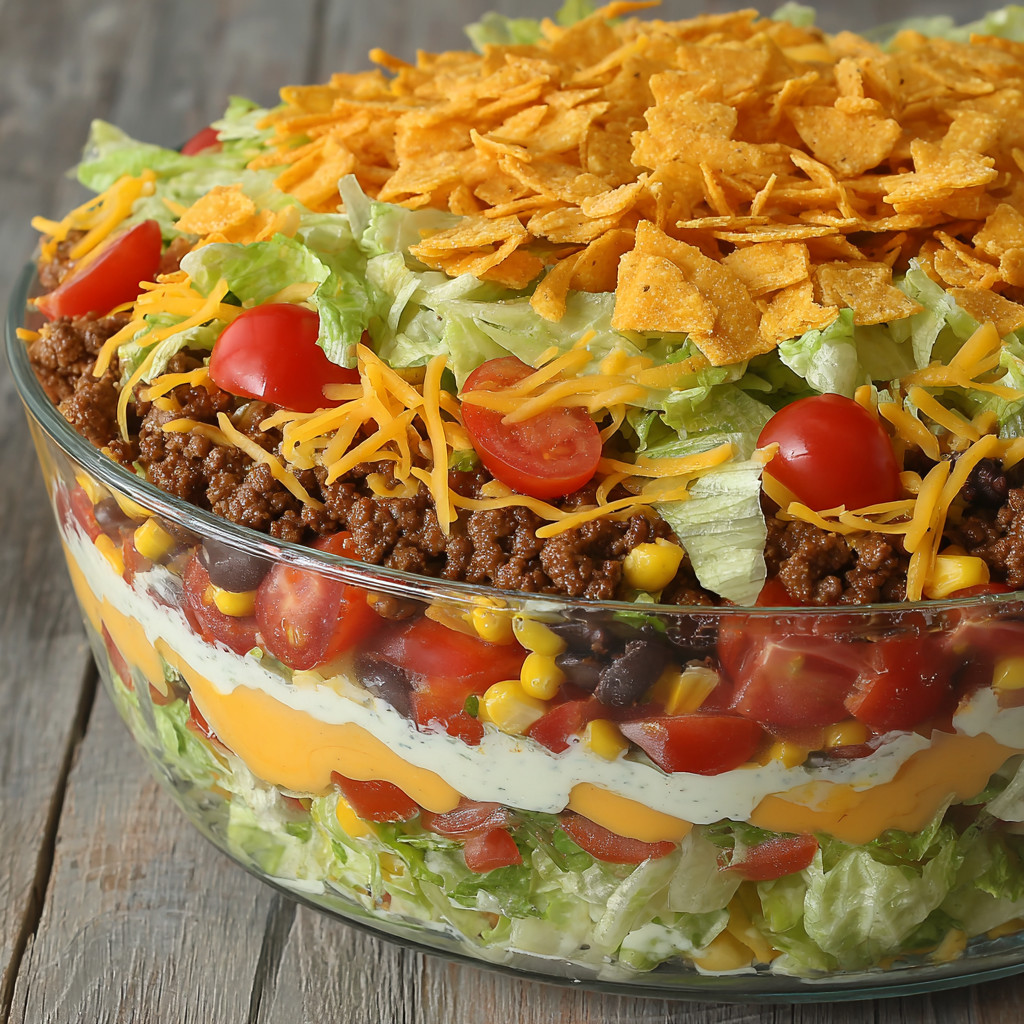 A large bowl of layered taco salad.