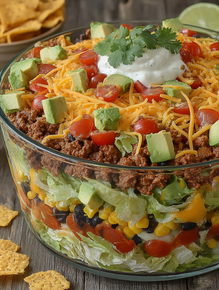 A layered taco salad in a glass bowl.