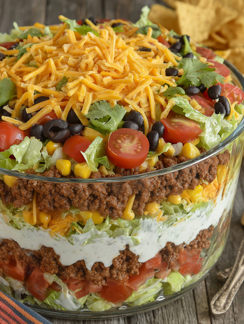 A layered taco salad with tomatoes, lettuce, cheese, and olives.
