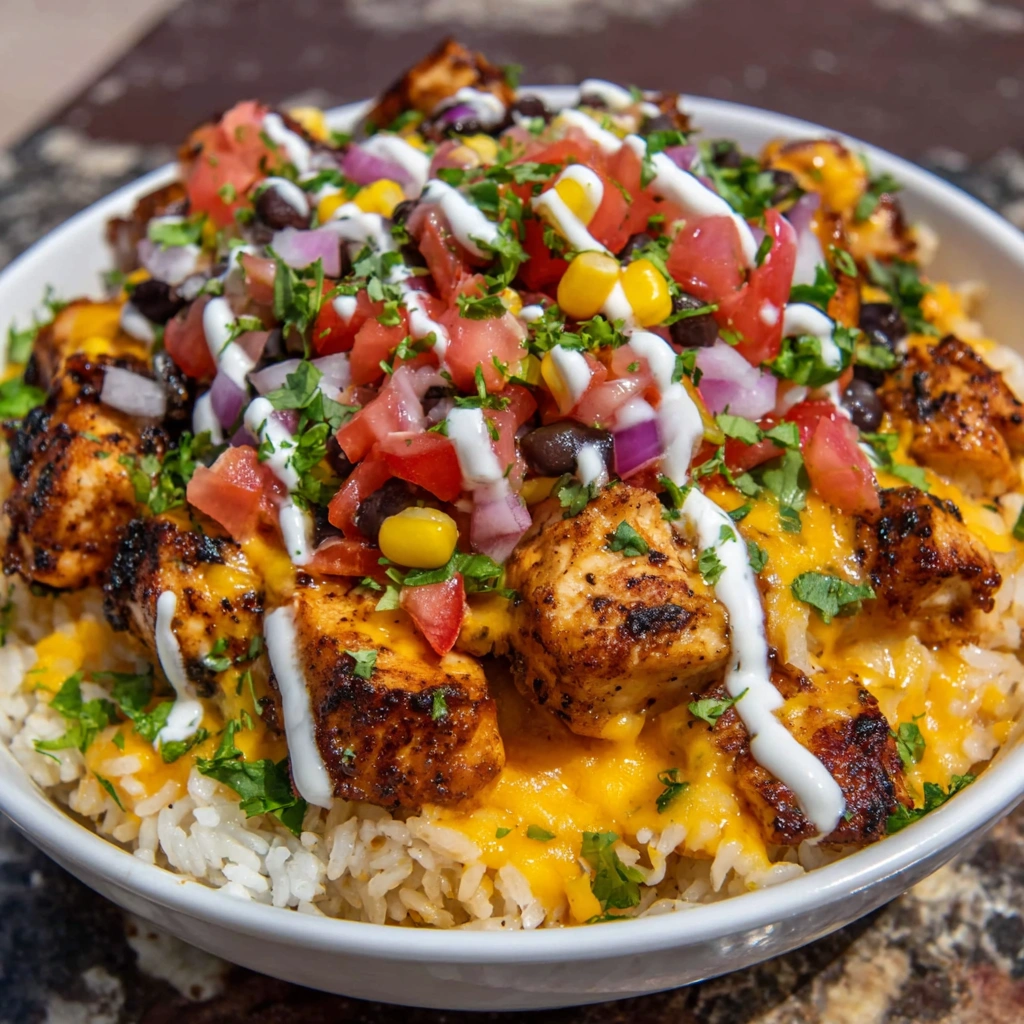 A bowl of rice and chicken with cheese and tomatoes.