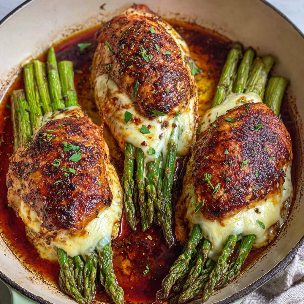 A dish of chicken with asparagus stuffed in it.