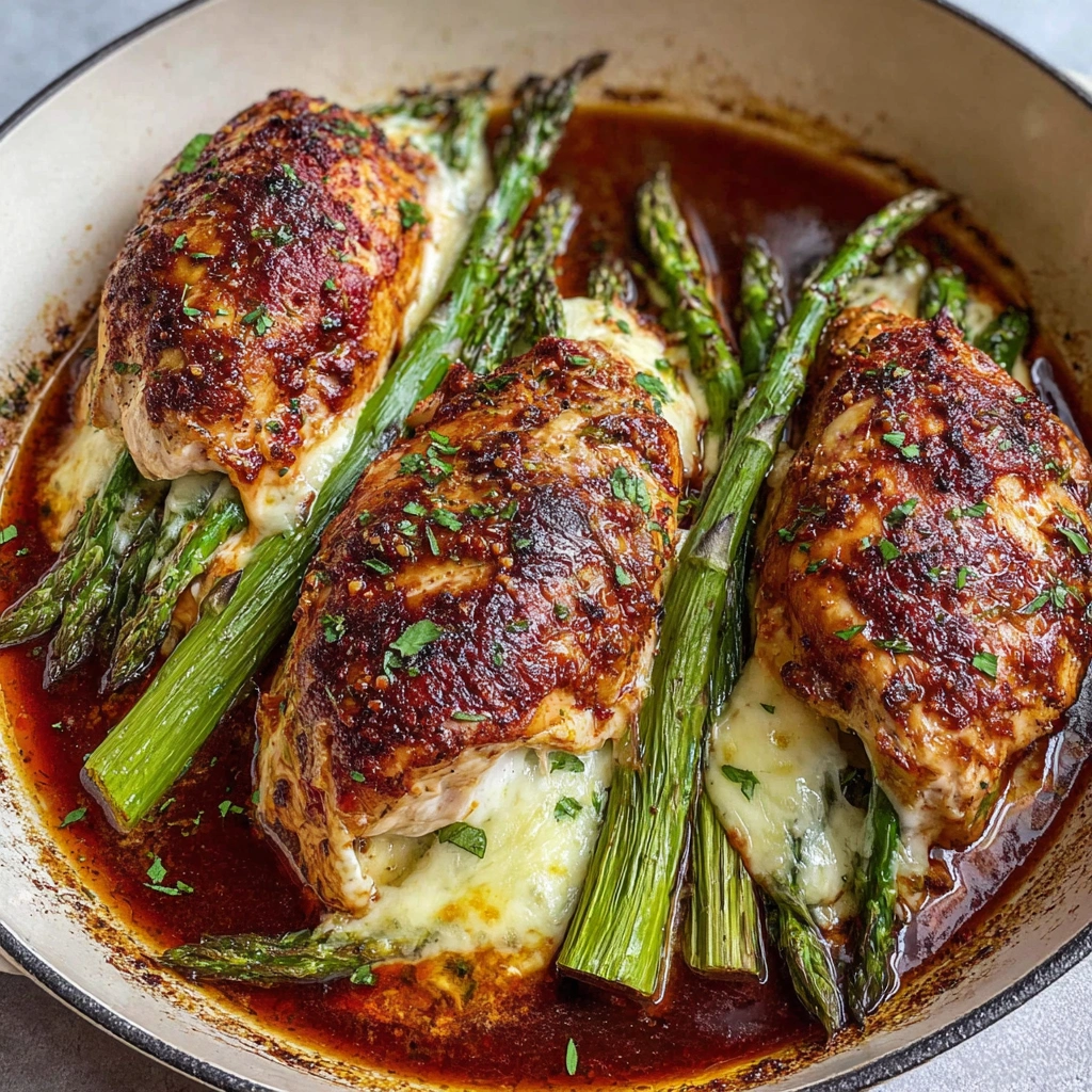 A dish of chicken with asparagus.