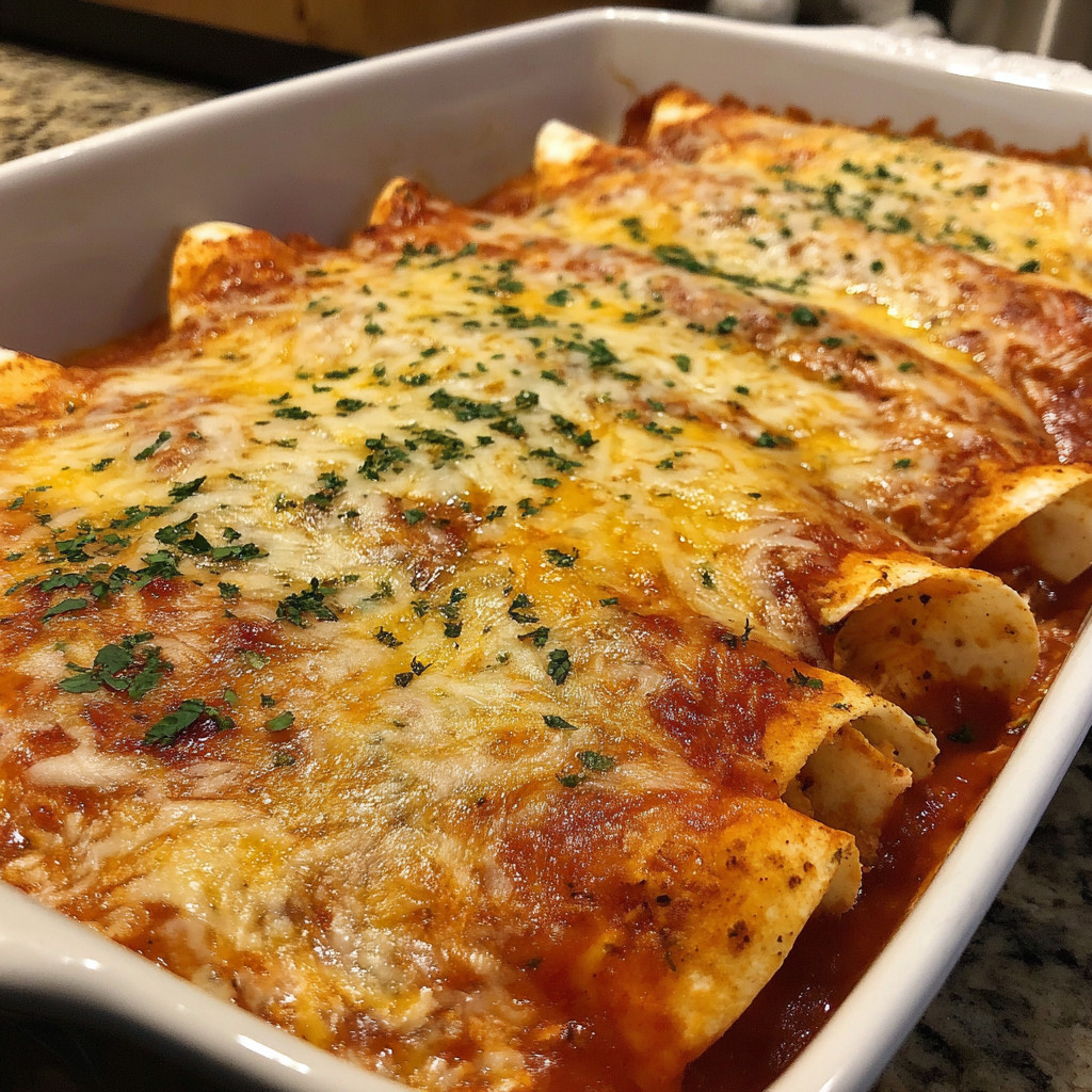 A white bowl filled with red chicken enchiladas.