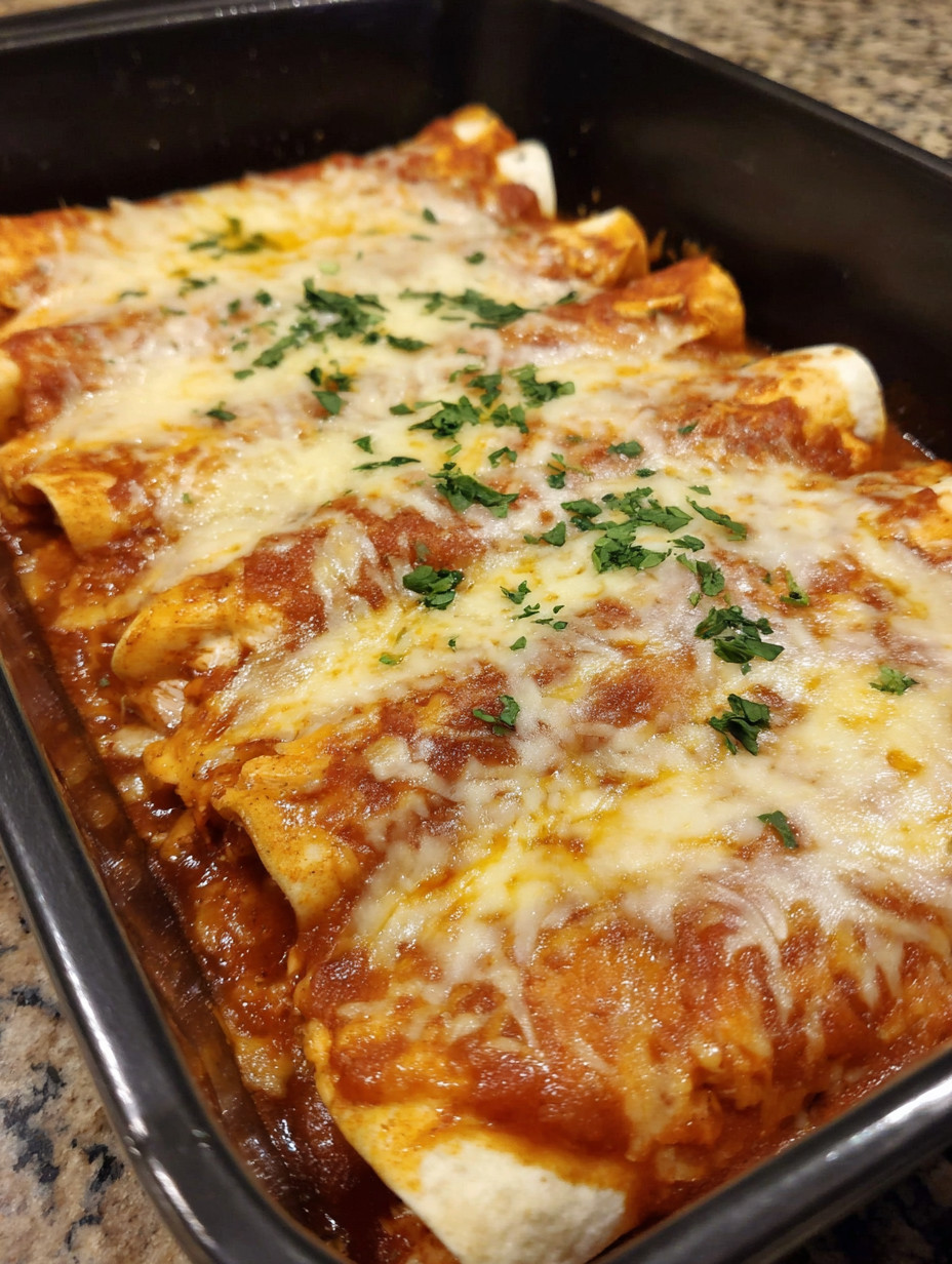A pan of red chicken enchiladas.