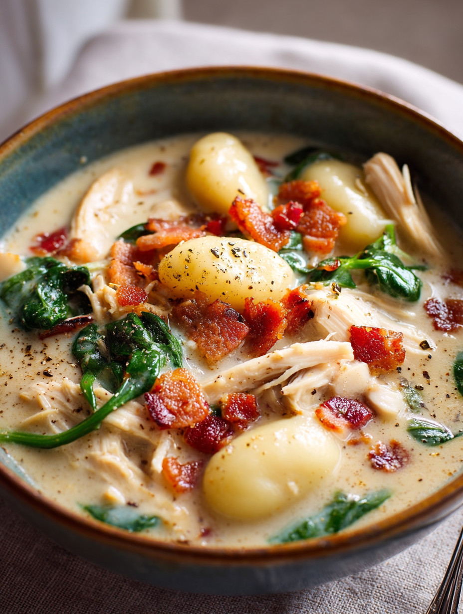 A bowl of chicken bacon gnocchi soup.
