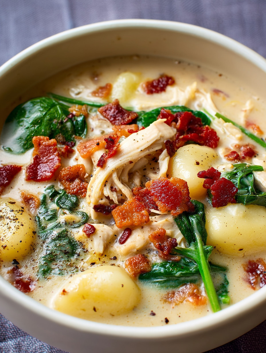 A bowl of chicken, bacon, and gnocchi soup.