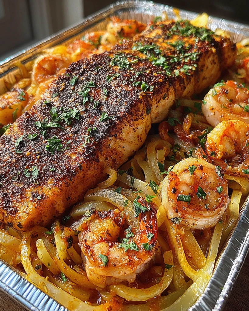 A dish of Cajun Salmon and Shrimp Bake.