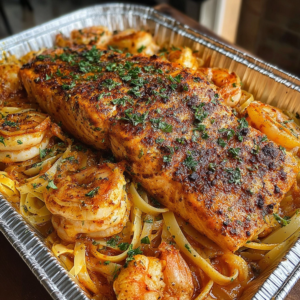 A pan of Cajun Salmon and Shrimp Bake.
