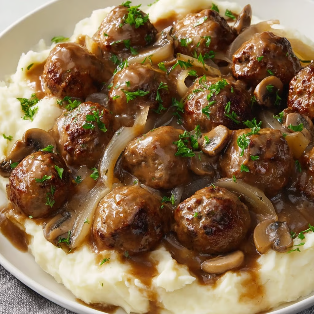 A plate of food with mushrooms and meatballs.