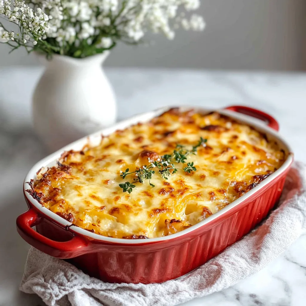 A red bowl with a casserole in it.