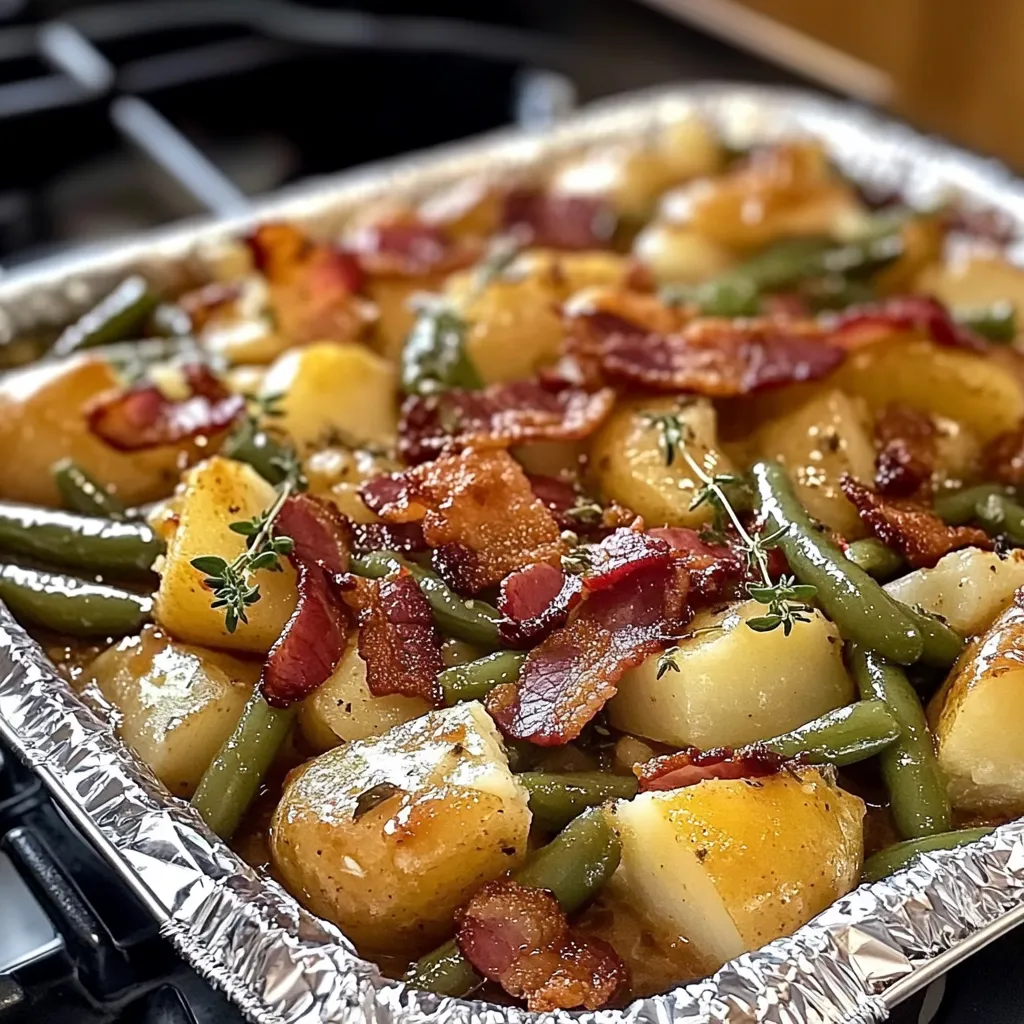A pan of food with bacon and green beans.