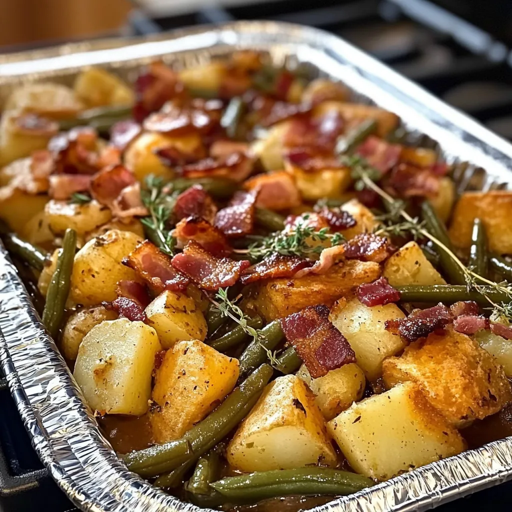 A pan of food with bacon, green beans, and potatoes.