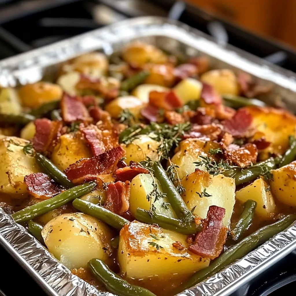 A pan of food with bacon, potatoes, and green beans.