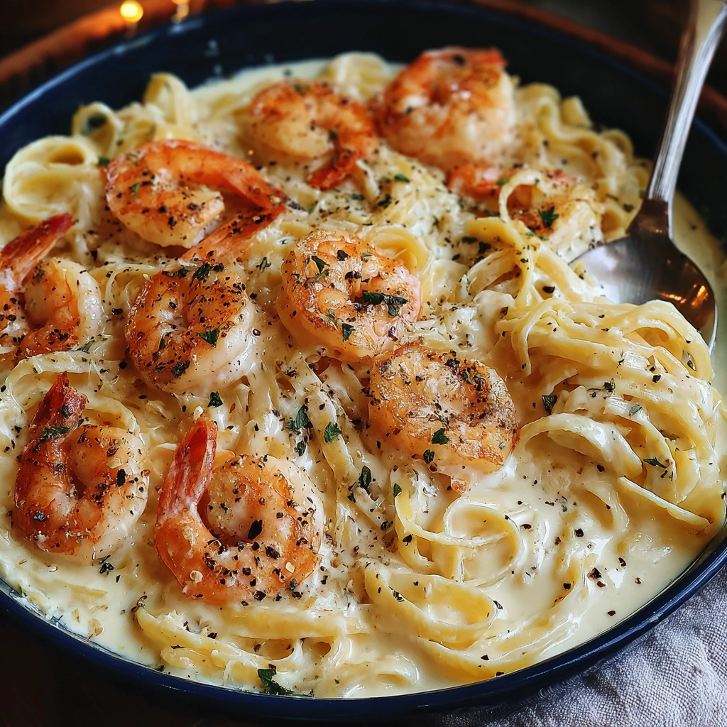 A bowl of shrimp and crab Alfredo.