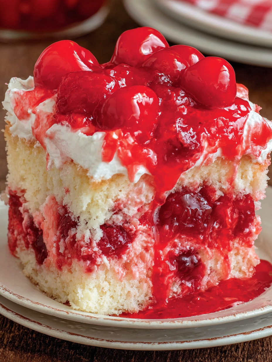 A slice of cherry poke cake with white frosting.