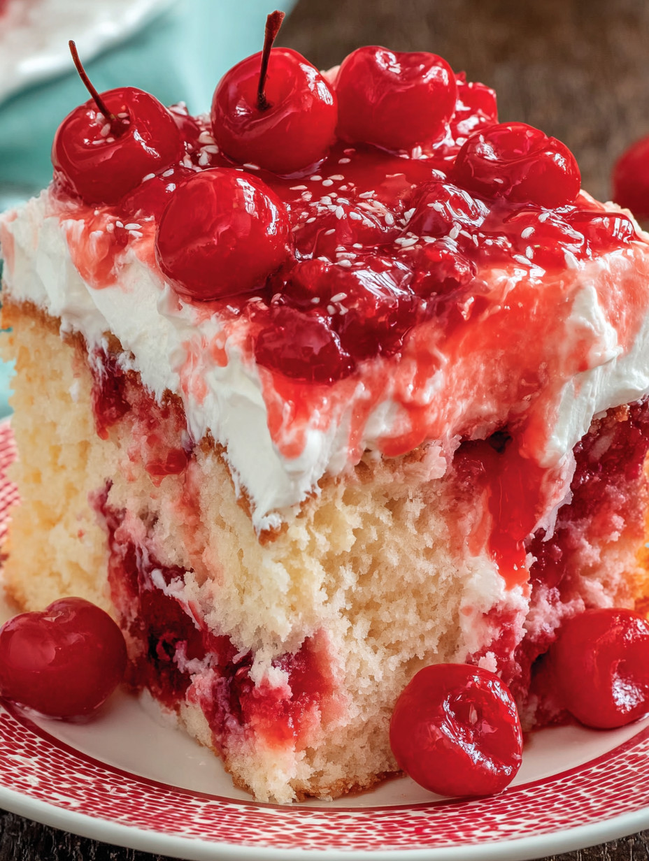 A slice of cherry poke cake with white frosting.
