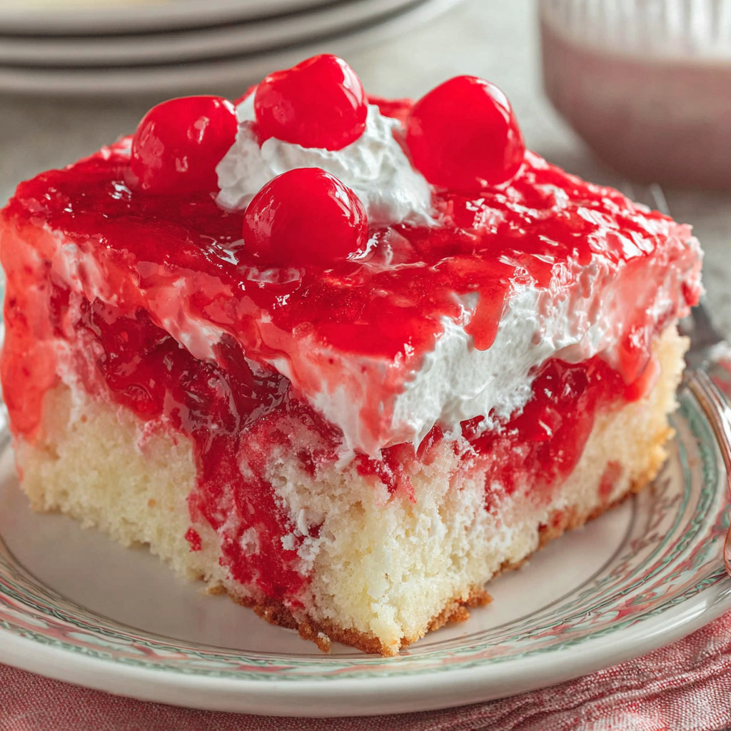 A slice of cherry poke cake.