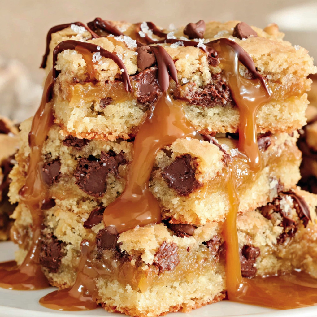 A stack of chocolate chip caramel butter bars.