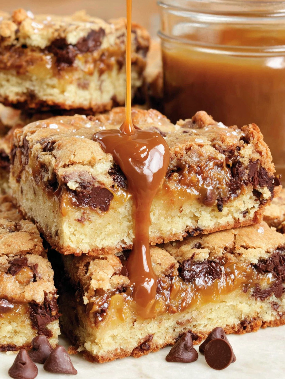 A close up of a chocolate chip caramel butter bar.