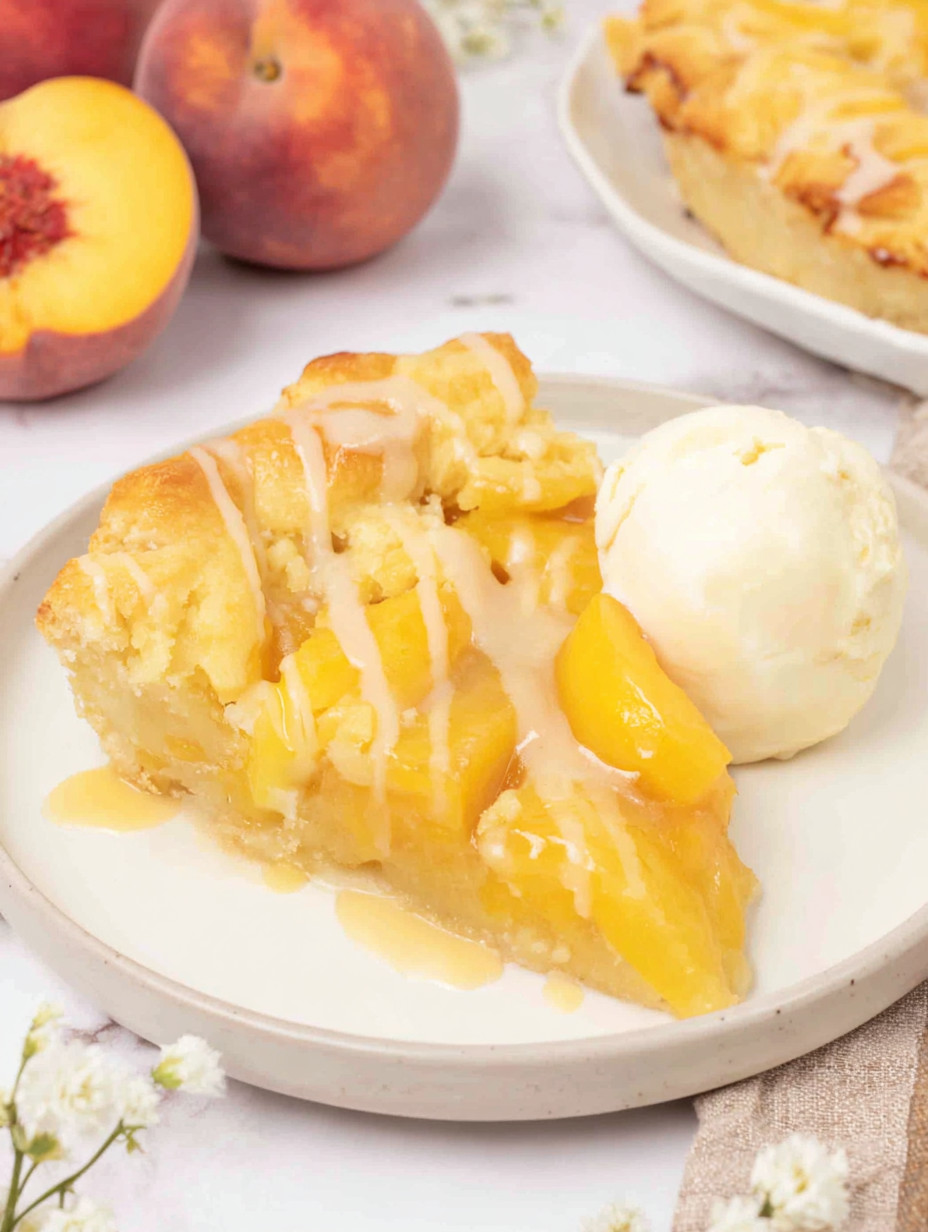 A dessert bar with a peach cobbler and ice cream.