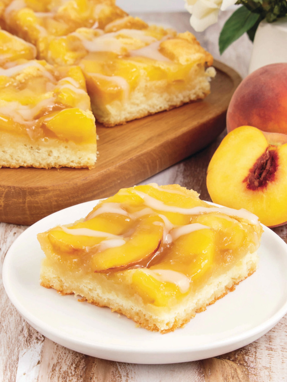 A dessert bar with peaches and a cake.