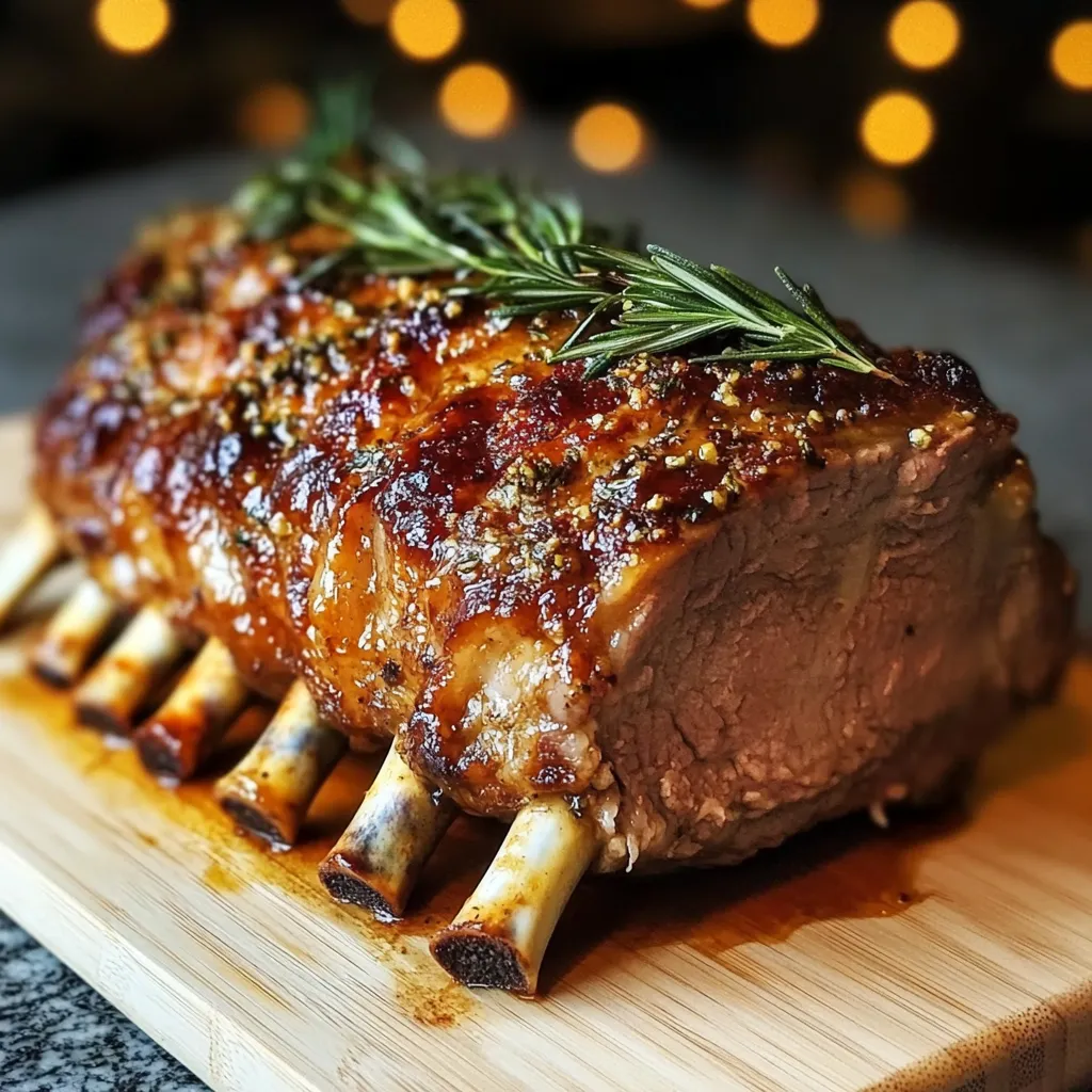 A roast with rosemary and garlic on a wooden cutting board.