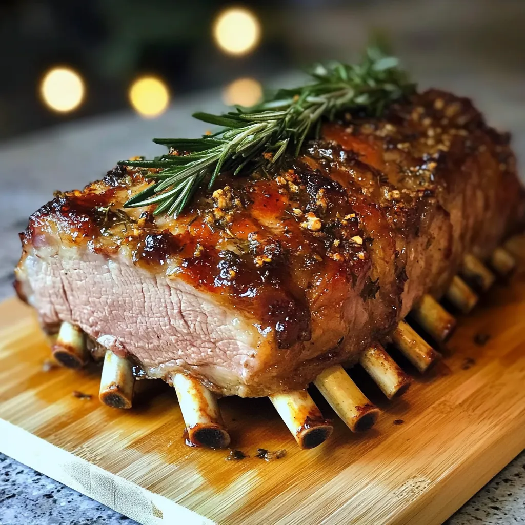 A roast with rosemary and garlic on a wooden cutting board.