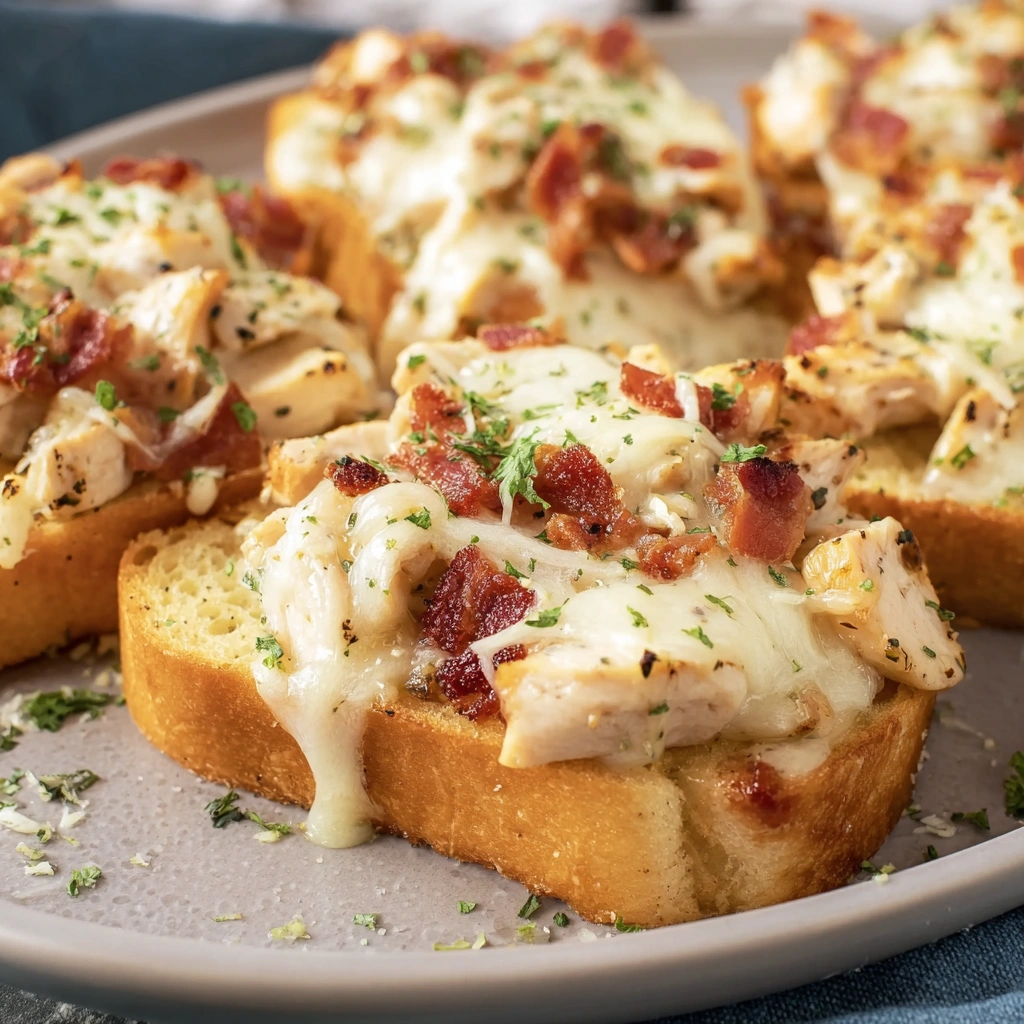 A plate of chicken Alfredo garlic Texas toast.