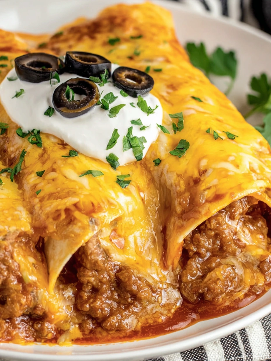 A plate of baked enchiritos with white cheese and black olives on top.