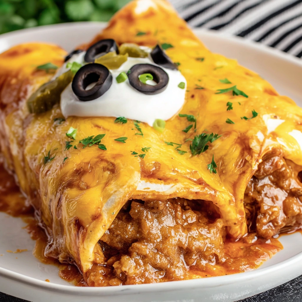 A plate of baked enchiritos with olives and sour cream on top.
