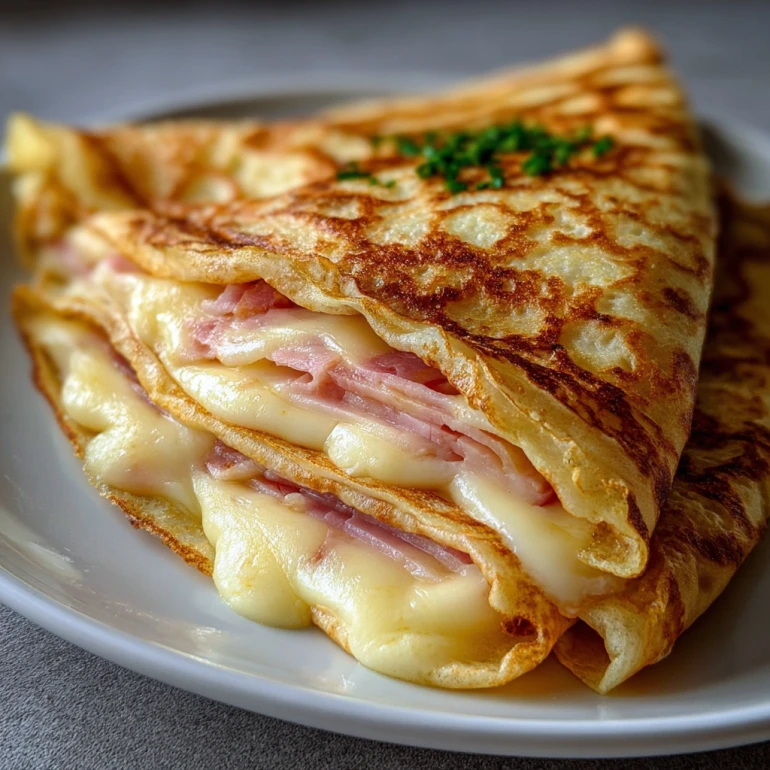 A plate of ham and cheese crepes.