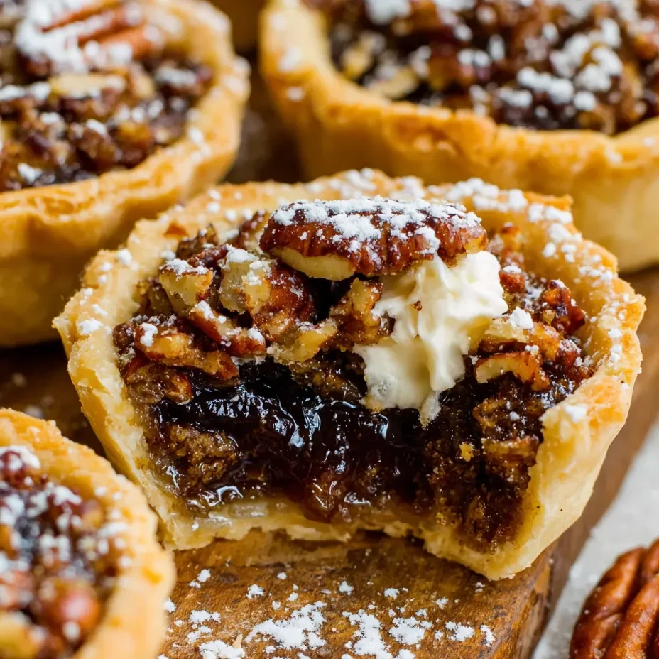 Mini pecan pies with white icing.
