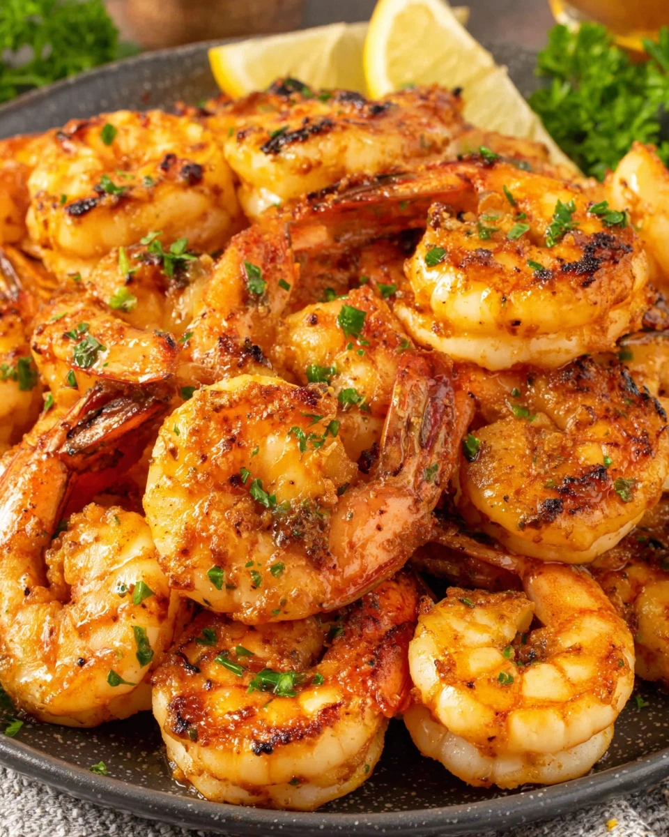 A plate of grilled shrimp with a lemon wedge on top.