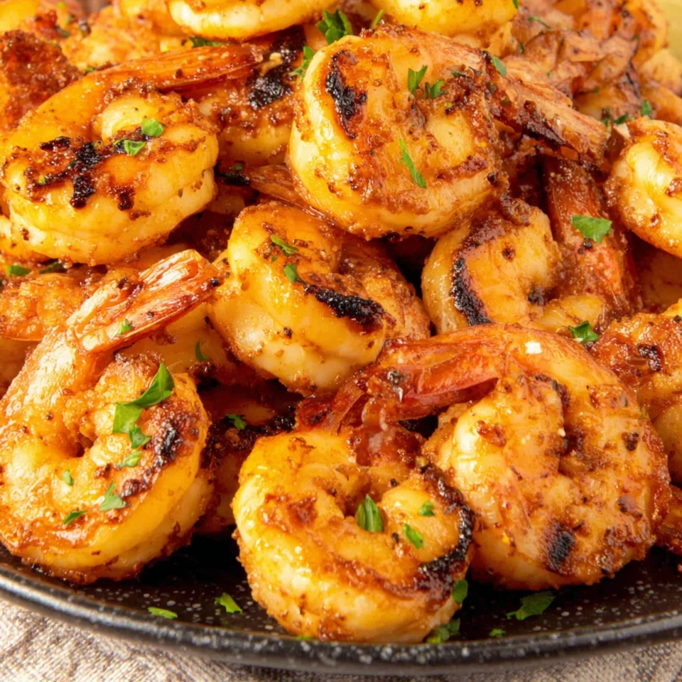 A plate of grilled shrimp with a green garnish.